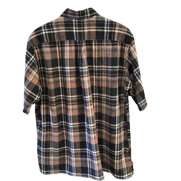 Izod Linen Blend Men's Shirt: Short-Sleeved Button-Down Brown Plaid, Size L - Picture 2 of 10